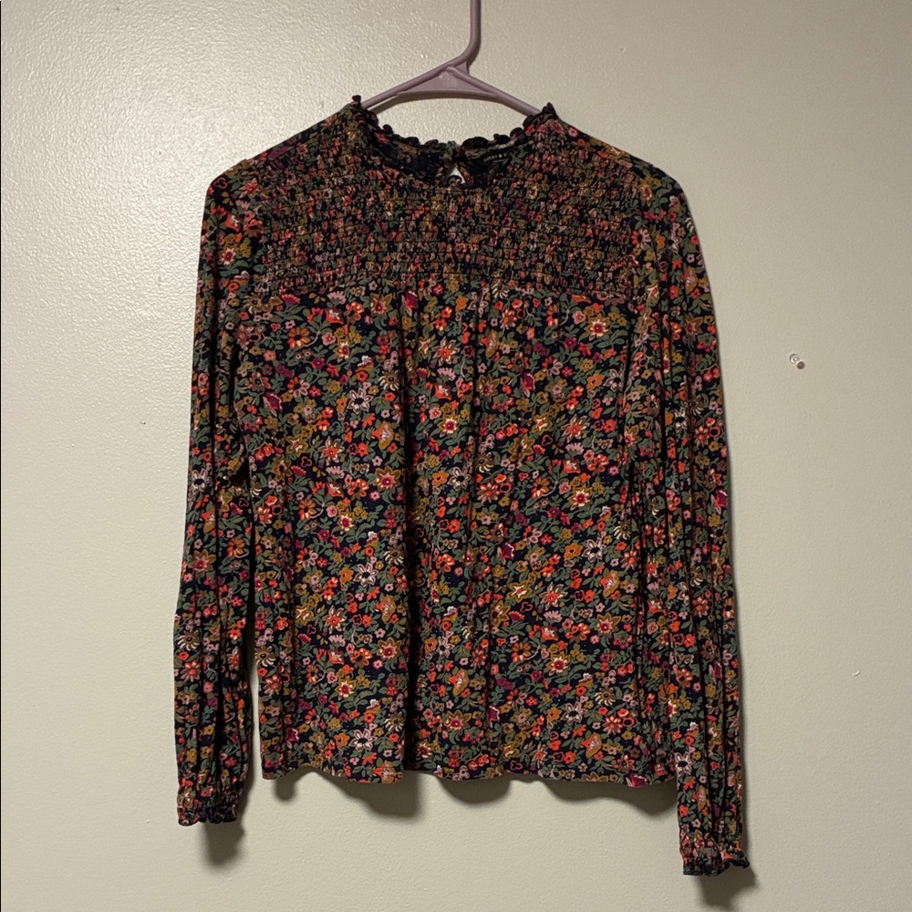 Lucky Brand Black Floral Smocked-Neck Long Sleeve Blouse